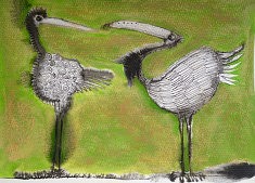 "conversation" techniques mixtes sur papier aquarelle 30X40 encadré