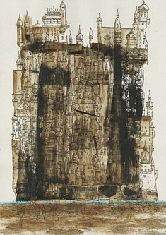Babel, mer et montagne - café, feutres et pastels sur papier gris - 30x42cm - 2021
