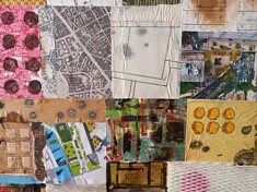 Un Monde construit (détail 1) - collages, café, calque, feutres et pastels sur carton - 150x130cm - 2022