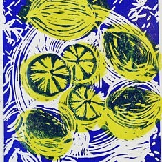 Cinq citrons (dont un tranché, linogravure sur papier