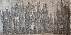 Ville verticale - collage, café et encre de Chine sur papier contrecollé sur bois - 30x65cm - 1985