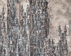 Ville verticale (détail) - collage, café et encre de Chine sur papier contrecollé sur bois - 30x65cm - 1985