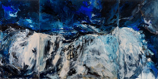 Claude Vergé, Triptyque bleu, La vague, 2020, acrylique sur toile, 3 panneaux, 100 x 200 cm