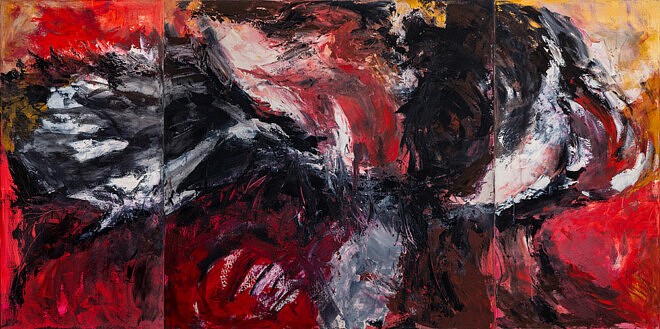 Claude Vergé, Triptyque rouge 2, 2019, acrylique sur toile, 3 panneaux, 100 x 200 cm