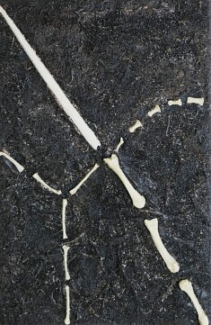 (Français) Extant II, sand, resin (replica bones) and acrylic paint on canvas, 42 x 27 x 6 cm