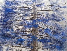 Lumi Mizutani, Arbre bleu hinoki II, 2019, pigments minéraux, nikawa glu, encre de Chine et feuilles d’argent sur panneau marouflé de papier japonais, 50 x 65,2 cm