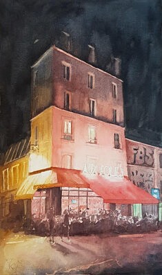 Philippe Rozés, Les Folies la nuit, aquarelle, 32 x 52 cm