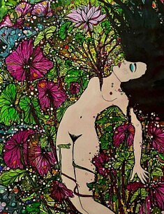 Marie Kovacs, Nelumbo Nucifera, encre de Chine et aquarelle, 60 x 42 cm