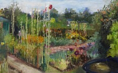 Claire Archenault, Jardins ouvriers des Vertus, Ces jardins ouvriers, à Aubervilliers, courent le risque d’être sacrifiés sur l’autel des JO 2024, 2021, huile sur toile de lin, 44 x 70 cm