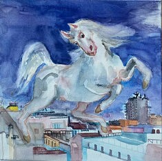 Claire Archenault, Cheval au dessus du port de Cadix, aquarelle, 40 x 40 cm