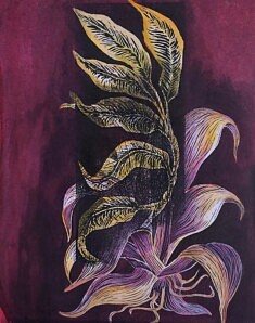 Delphine Epron, Les entrelacées n°2, 2025,  gravure rehaussées d'aquarelle et encre sur papier, 65 x 50 cm