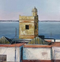 Enma Lapiz, Torre, mirado, azotea, acrylique sur panneau, 40 x 40 cm