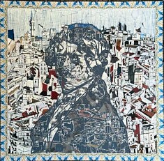 Franck Paglieri, L'esprit sur la ville, collage et posca, 40 x 40 cm