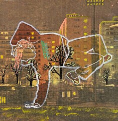 Sylvie Kipen-Rivenc, Dans la ville, 2025, technique mixte sur papier, 20 x 20 cm