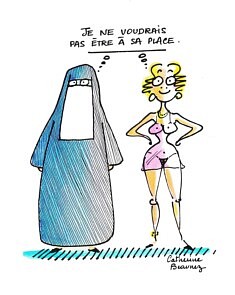 Catherine Beaunez, Musulmane et occidentale, feutre noir et encres couleurs