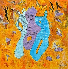 Tilda Lovi, Terres Rivages, acrylique, encre de Chine, aquarelle sur toile et poesie, 50 x 50 cm