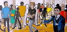 Juan Diego Vergara, Autoportrait comme agent de surveillance et visiteurs au musee Picasso, Paris, 2026, huile sur toile, 2 m x 5 m