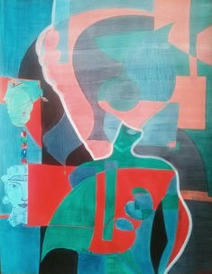 Réjane Cousin, galaxies humaines, 9 X 1996, acrylique, collages, feutre boutin, fils de soie, 65 x 50 cm