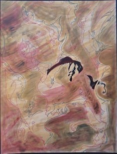 Réjane Cousin, Les plumes du coeur, 1990, acrylique feutre, 65 x 50 cm
