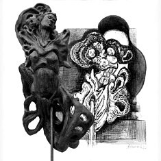 La poulpe mère, montage photo, sculpture et gravure, 2025