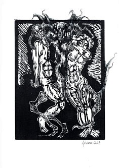 Lilith, Joseph et l’extraterrestre I, 2023, Gravure sur bois retravaillée à l'encre 