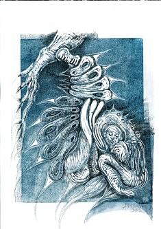 Naissance du symenfant papillon Monarque - Hommage à Vinciane Despret, 2025, Gravure sur bois retravaillée à l'encre