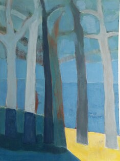 Série répétition, Arbres,  "Bleu, petit trapèze jaune", technique mixte, 80x60cmcm 
