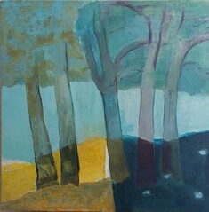 "Grand carré jaune, bleu pointsclairs", technique mixte sur médium 100x100cm 