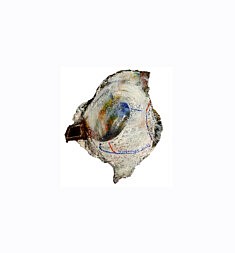 "Relief 2301f" Huile sur céramique, miroir et coquille St Jacques (14x12) 2023