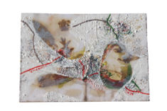 " Relief 2510b" Huile sur papier eco-imprimé marouflé sur contreplaqué, copeaux de bois, filets (21x30) 2025 " Relief 2510b" Huile sur papier eco-imprimé marouflé sur contreplaqué, copeaux de bois, filets (21x30) 2025