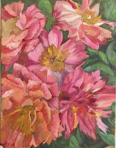 Pivoines corail, huile sur toile 37 x 25 cm