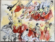 "danse impro Scarlet et victor1". Technique mixte sur papier 50 x 65 cm . Fév 25