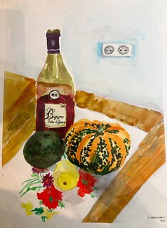 Bouteille, courge avocat, aquarelle 2025
