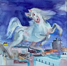 Cheval au-dessus du port de Cadix, aquarelle, 2026