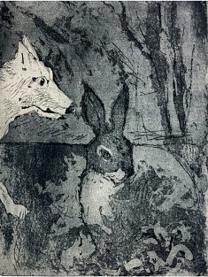 lièvre et loup eau-forte et aquatinte  sur cuivre 15x20 cm