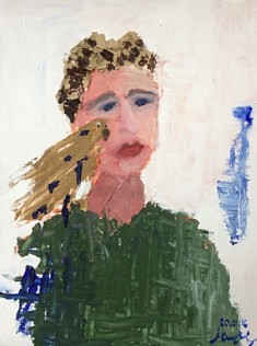 L'homme triste au perroquet de sable - 50x65 - Acrylique, collage sable, papier, bois - 2016