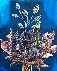 Série " Les Entrelacées" 4,  gravure réhaussée d'aquarelle et encre sur papier, 50x65 cm, 2025 