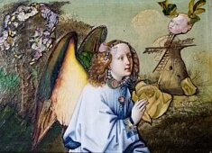 "Ange à l'enfant-moulin" - Collage technique mixte (toile, papier, stylo bille) - 40 X 32