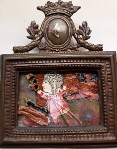 "Délivrance" - Collage technique mixte (verre, papier, cuir), médaillon début 19e - 13 X 10 
