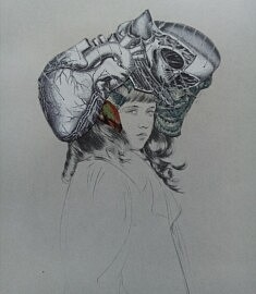 "Le coeur d'Helen" - Collage sur reproduction lithographie début XIXe - 20 X 26