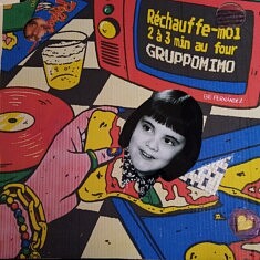 "Micro-ondes" - Collage technique mixte recto verso : boîte à pizza, crayons de couleur, papier-photo, 45 tours des Beegees - 30 X 30
