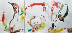 Paréidolies de 21 figures, …, fév. 2024, encres, brou de noix et crayons aquarelle sur papier vert de gris, triptyque, 42 x 89,5 cm