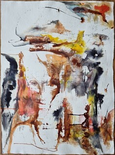 Paréidolies de 19 figures, février 2025, encres et crayons aquarelle sur papier Khadi indien R2W, 76,5 x 56 cm
