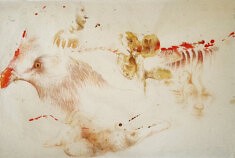 Paréidolies de 9 figures, février 2025, encres, brou de noix et crayons aquarelle sur papier goutte d'eau, 51 x 76,5 cm
