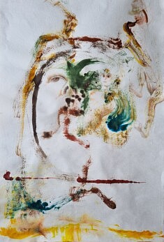 Paréidolies de 17 figures, …, mars 2025, brou de noix, encres et crayons aquarelle sur papier TK, 97,5 x 66,3 cm