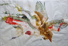 Paréidolies de 9 figures, ..., mars 2025, brou de noix, encres et crayons aquarelle sur papier Kouzo Musashi, 64 x 94,2 cm