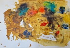 Paréidolies de 39 figures,..., avril 2025, brou de noix, encres et crayons aquarelle sur papier, 75 x 107,5 cm