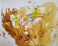 Paréidolies de 29 figures, ..., avril 2025, brou de noix, encres et crayons aquarelle sur papier, 75 x 97 cm