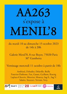 expo  des professeurs d'Arts Plastiques de la Ville de Paris encore aujourd'hui 14 OCTOBRE et demain 15 OCTOBRE

8 rue BOYER   PARIS 20e M° GAMBETTA