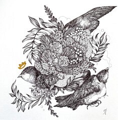 Swallow, stylo bic et feuille d'or sur papier Canson, 30 x 30 cm, 2021